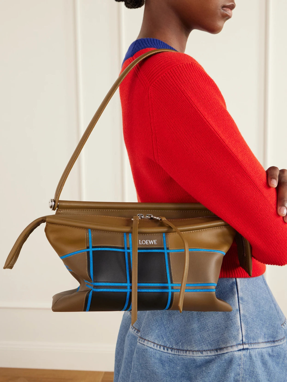 Image of Bags. Product name - Whisker Checked Leather Shoulder Bag in Multi colour by brand - LOEWE