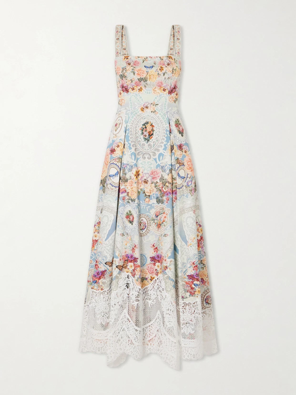 Image of Dresses. Product name - Printed Lace-trimmed Cotton-blend Midi Dress in Multi colour by brand - Camilla