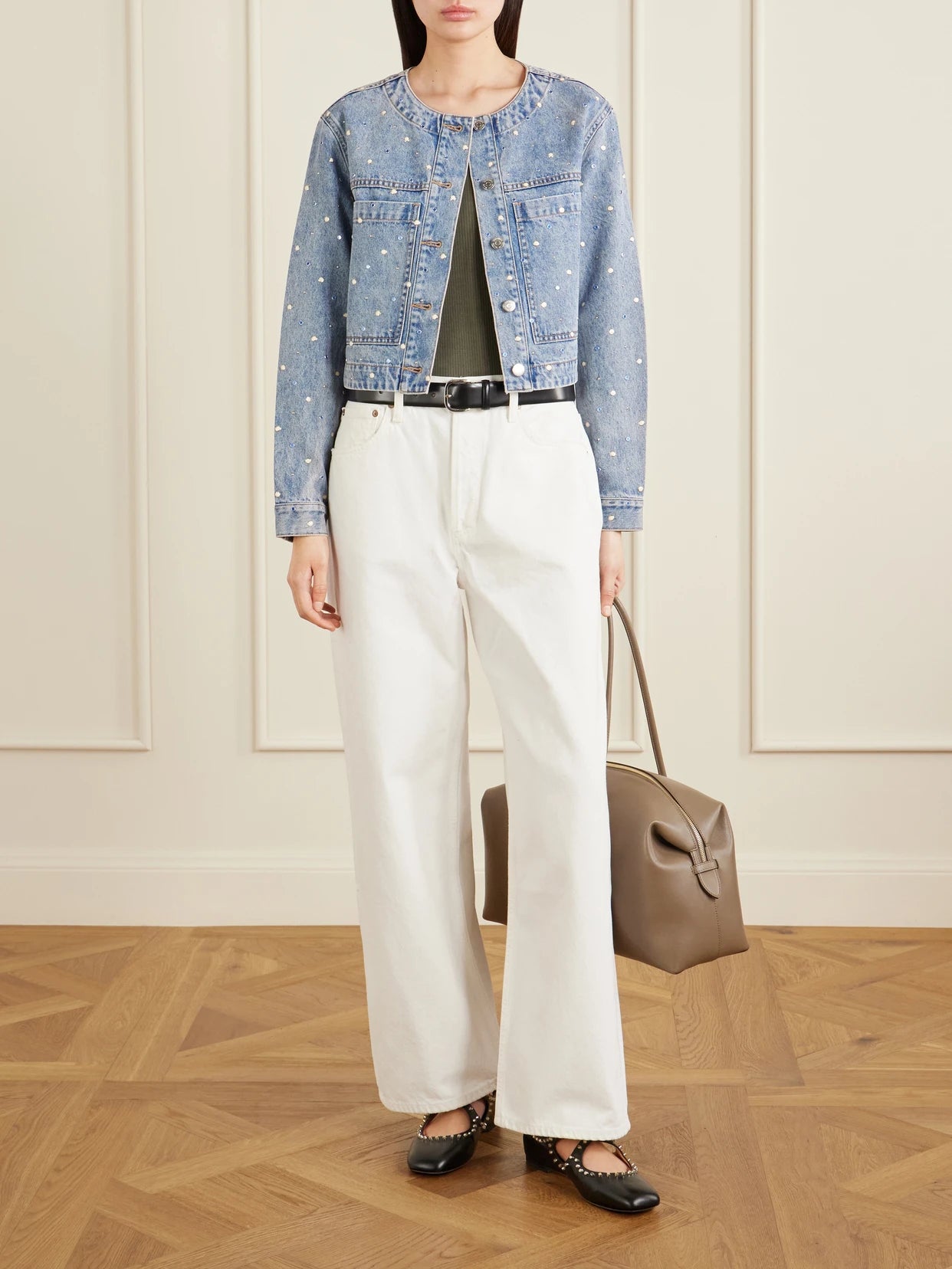 Image of Coats & Jackets. Product name - Lowry Cropped Embellished Denim Jacket in Mid denim colour by brand - Veronica Beard