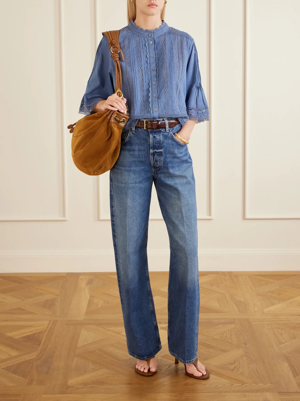 Image of a model wearing Tops. Product name - Pippa Crochet-trimmed Cotton Blouse in Blue colour by brand - Sea