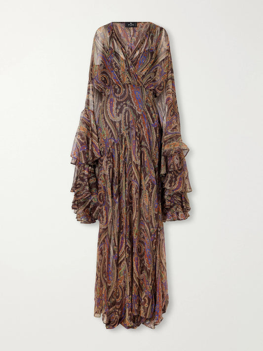 Etro Draped Ruffled Printed Metallic Silk-blend Crepon Maxi Dress