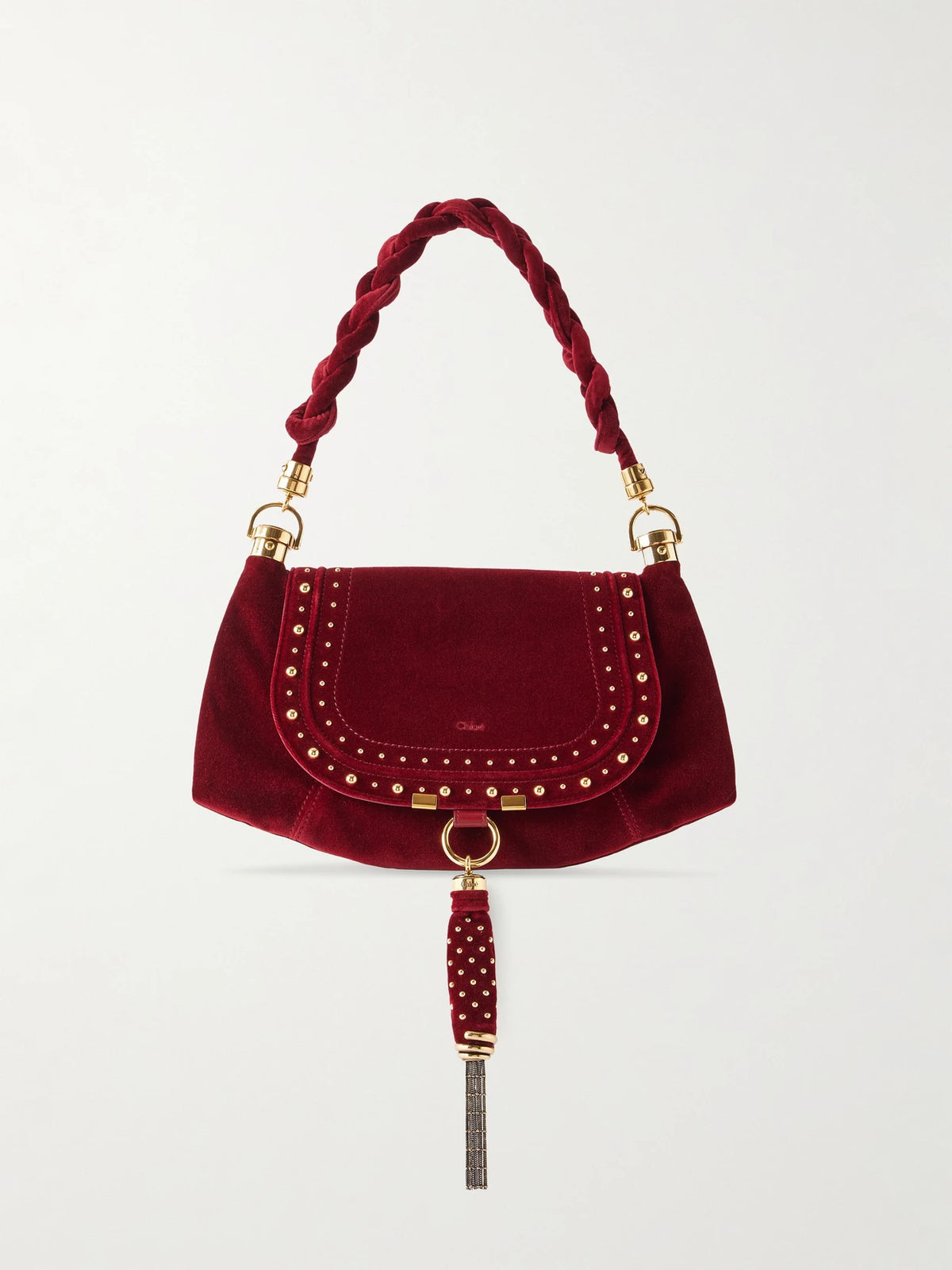 Chloé Marcie Foulard Studded Tasseled Velvet Shoulder Bag