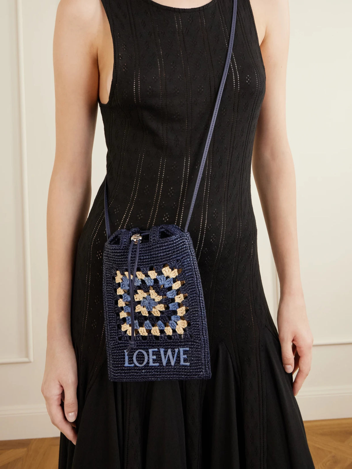 Image of Bags. Product name - + Paula's Ibiza Logo-embroidered Leather-trimmed Crocheted Raffia Bucket Bag in Navy colour by brand - LOEWE