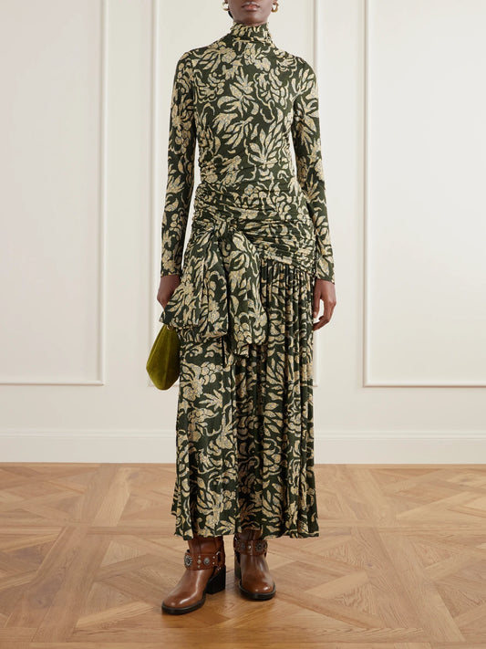 Image of Dresses. Product name - Katy Knotted Floral-print Jersey Turtleneck Maxi Dress in Multi colour by brand - Ulla Johnson
