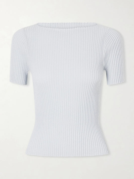 Image of T-Shirts. Product name - Blake Metallic Ribbed-knit T-shirt in Light blue colour by brand - LESET