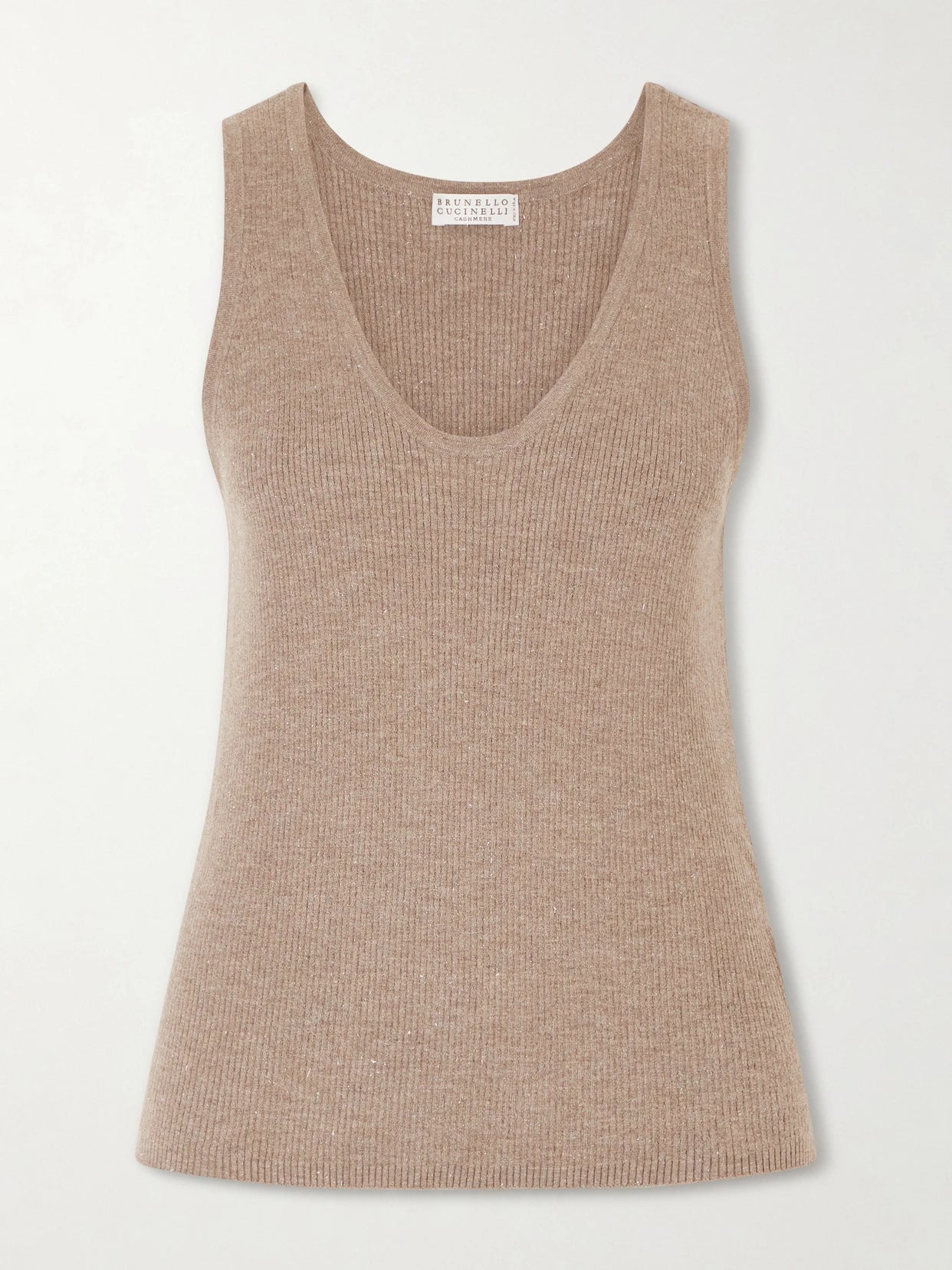 Image of a model wearing Outerwear. Product name - Ribbed-knit Tank in Brown colour by brand - Brunello Cucinelli