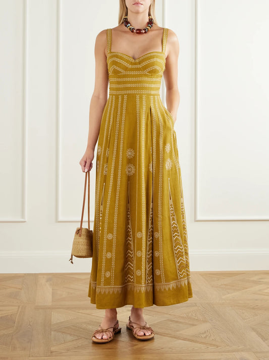 Image of Dresses. Product name - Elida Pleated Embroidered Silk Maxi Dress in Mustard colour by brand - Emporio Sirenuse