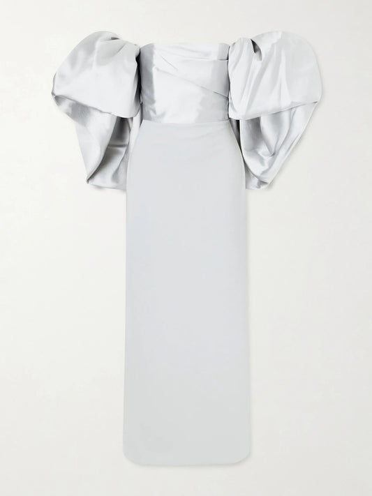 Image of Dresses. Product name - Floris Off-the-shoulder Satin-twill And Crepe Maxi Dress in Silver colour by brand - Solace London