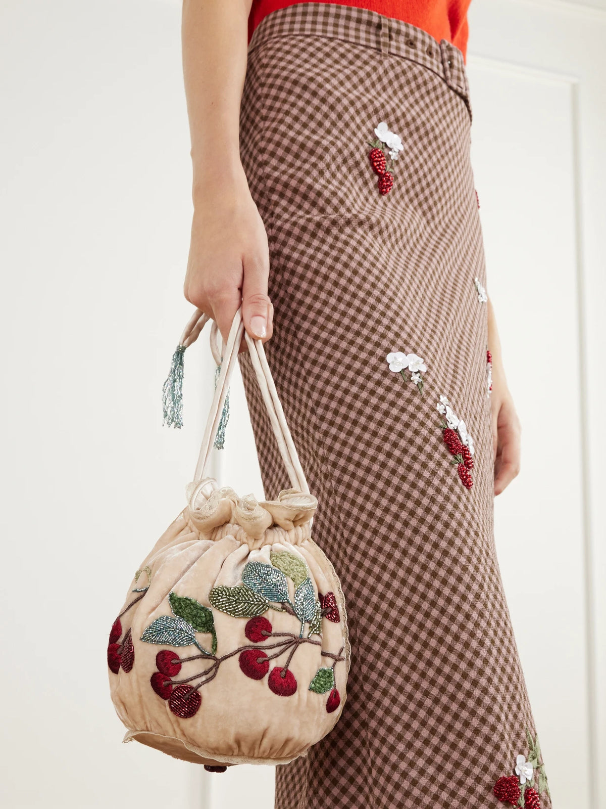 Image of Bags. Product name - Round Bag Bead-embellished Embroidered Lace-trimmed Velvet Clutch in Multi colour by brand - BERNADETTE