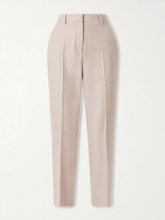 Image of a model wearing Pants. Product name - Dermot Cropped Wool And Cashmere-blend Flannel Straight-leg Pants in Beige colour by brand - Loro Piana