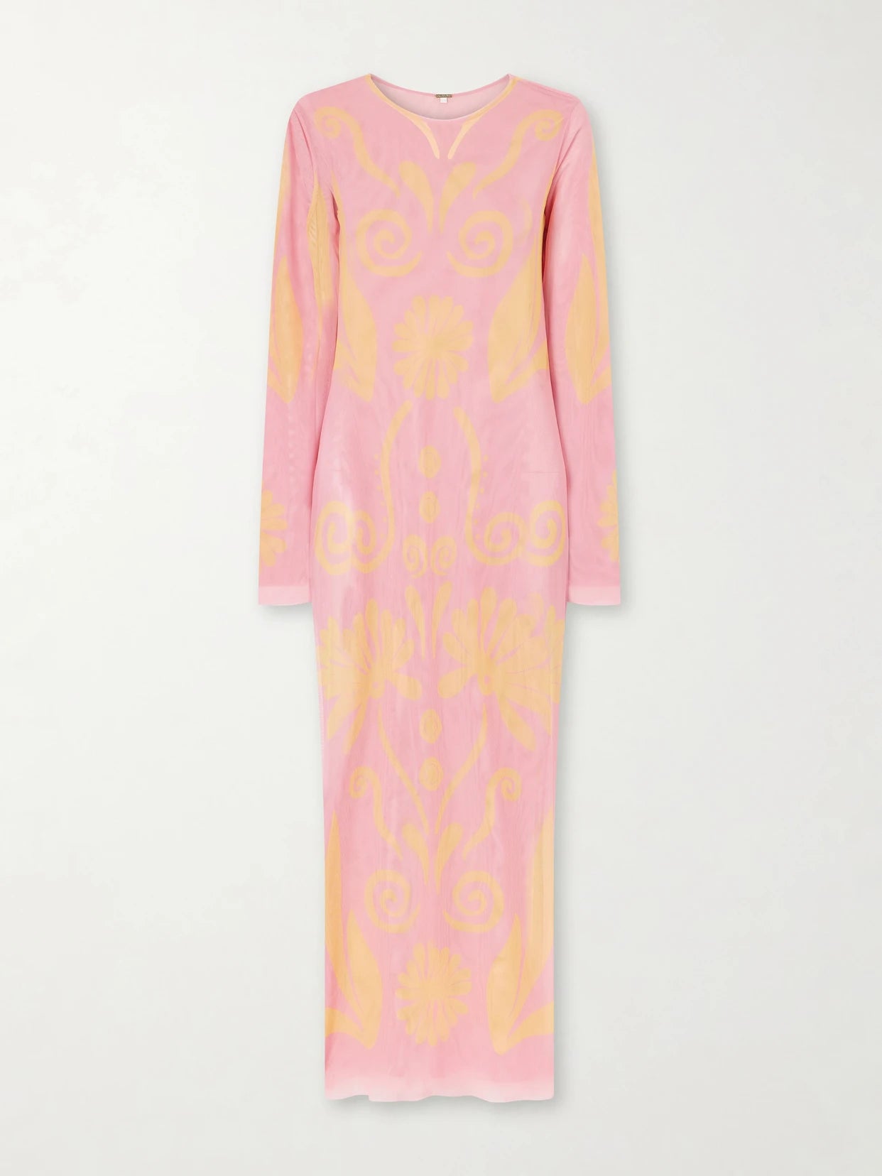Image of Dresses. Product name - Tania Printed Mesh Maxi Dress in Pink colour by brand - Cala de la Cruz