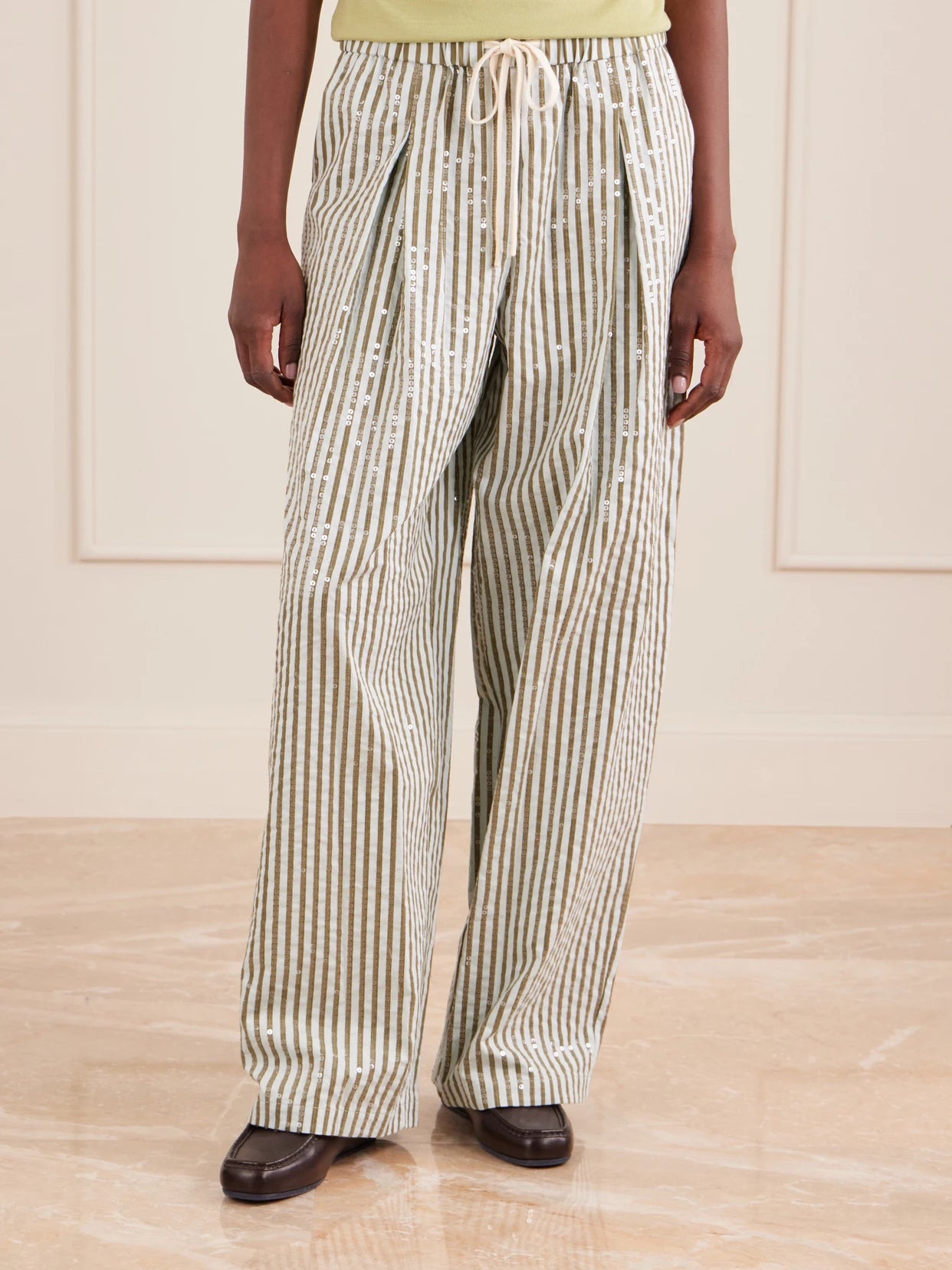 Pj Sequin-trimmed Striped Cotton-blend Wide-leg Drawstring Pants