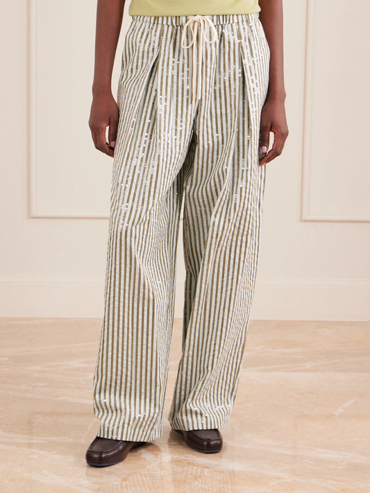 Pj Sequin-trimmed Striped Cotton-blend Wide-leg Drawstring Pants