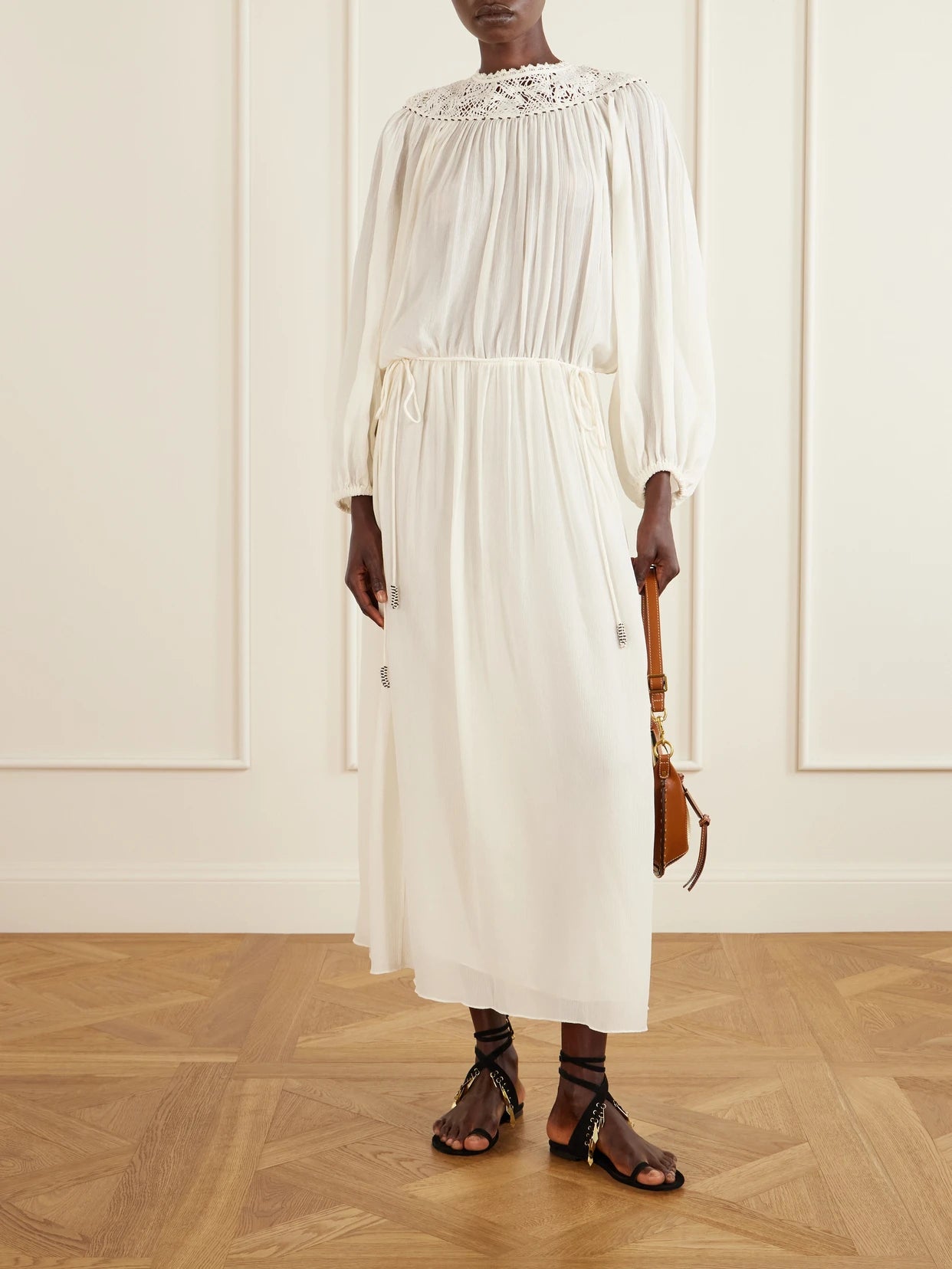 Image of Dresses. Product name - Nydia Lace-trimmed Bead-embellished Silk-chiffon Midi Dress in Ecru colour by brand - ISABEL MARANT