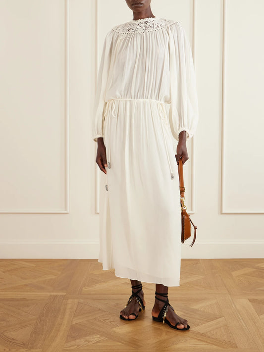 Image of Dresses. Product name - Nydia Lace-trimmed Bead-embellished Silk-chiffon Midi Dress in Ecru colour by brand - ISABEL MARANT