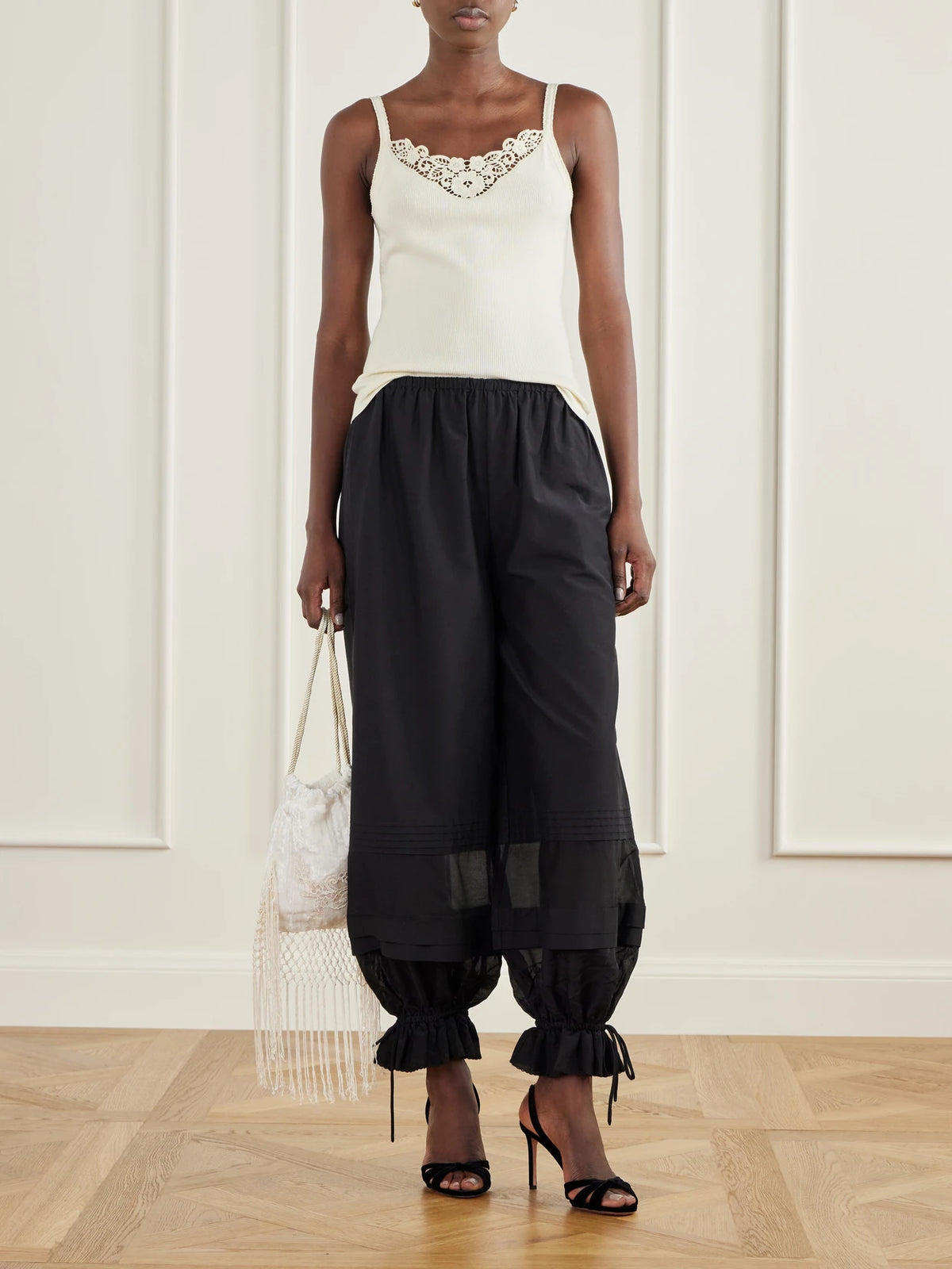 Image of Outfit Sets. Product name - Pearl Pleated Voile-trimmed Cotton And Silk-blend Poplin Barrel Pants in Black colour by brand - Posse