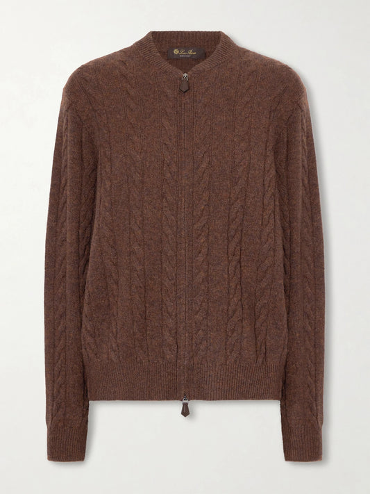 Image of a model wearing Outerwear. Product name - Cedar Cable-knit Cashmere Cardigan in Brown colour by brand - Loro Piana