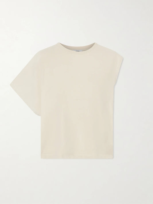 Image of a model wearing Tops. Product name - Corrine Asymmetrical Cotton-jersey T-shirt in Taupe colour by brand - AGOLDE