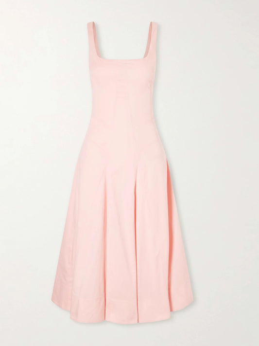 Image of Dresses. Product name - Willow Pleated Cotton-blend Midi Dress in Pink colour by brand - STAUD