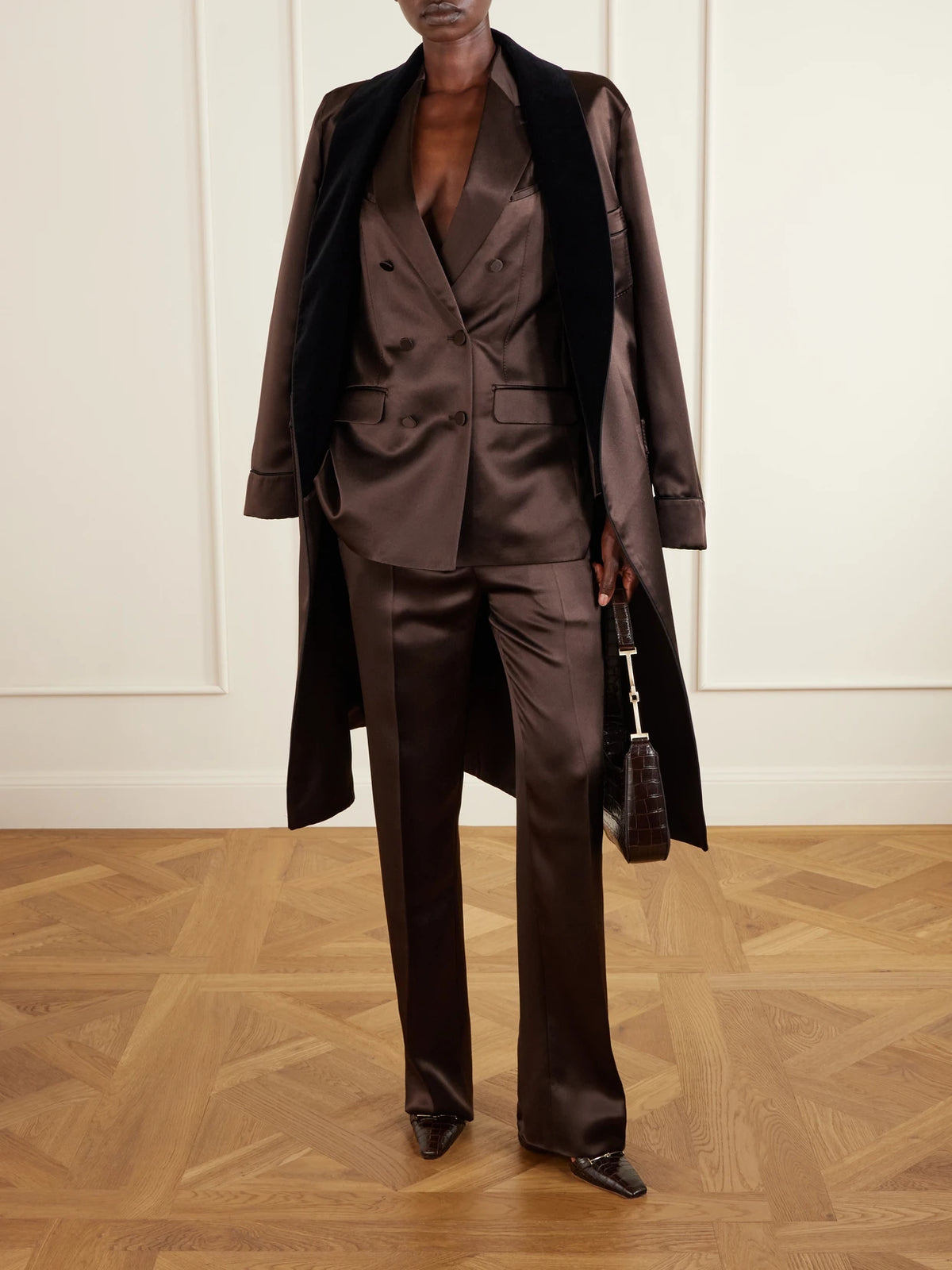 Image of a model wearing Pants. Product name - Silk-satin Straight-leg Pants in Dark brown colour by brand - TOM FORD