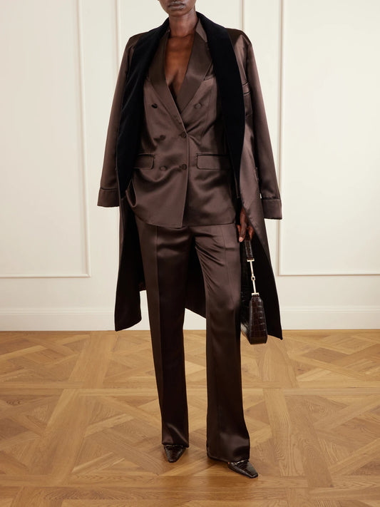 Image of a model wearing Pants. Product name - Silk-satin Straight-leg Pants in Dark brown colour by brand - TOM FORD