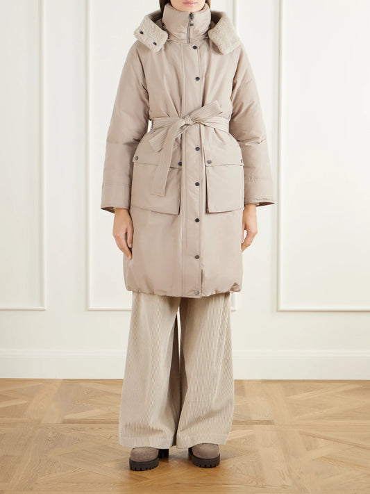 Brunello Cucinelli Hooded Belted Plush-trimmed Cotton-blend Shell Down Coat