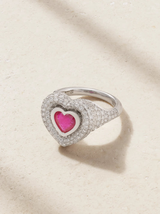 Manaal 2.0 18-karat White Gold, Diamond, Ruby And Enamel Ring