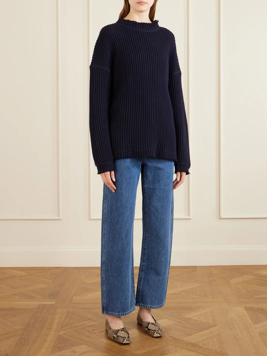 Image of Jeans. Product name - Kerrie Distressed Low-rise Straight-leg Jeans in Blue colour by brand - KHAITE