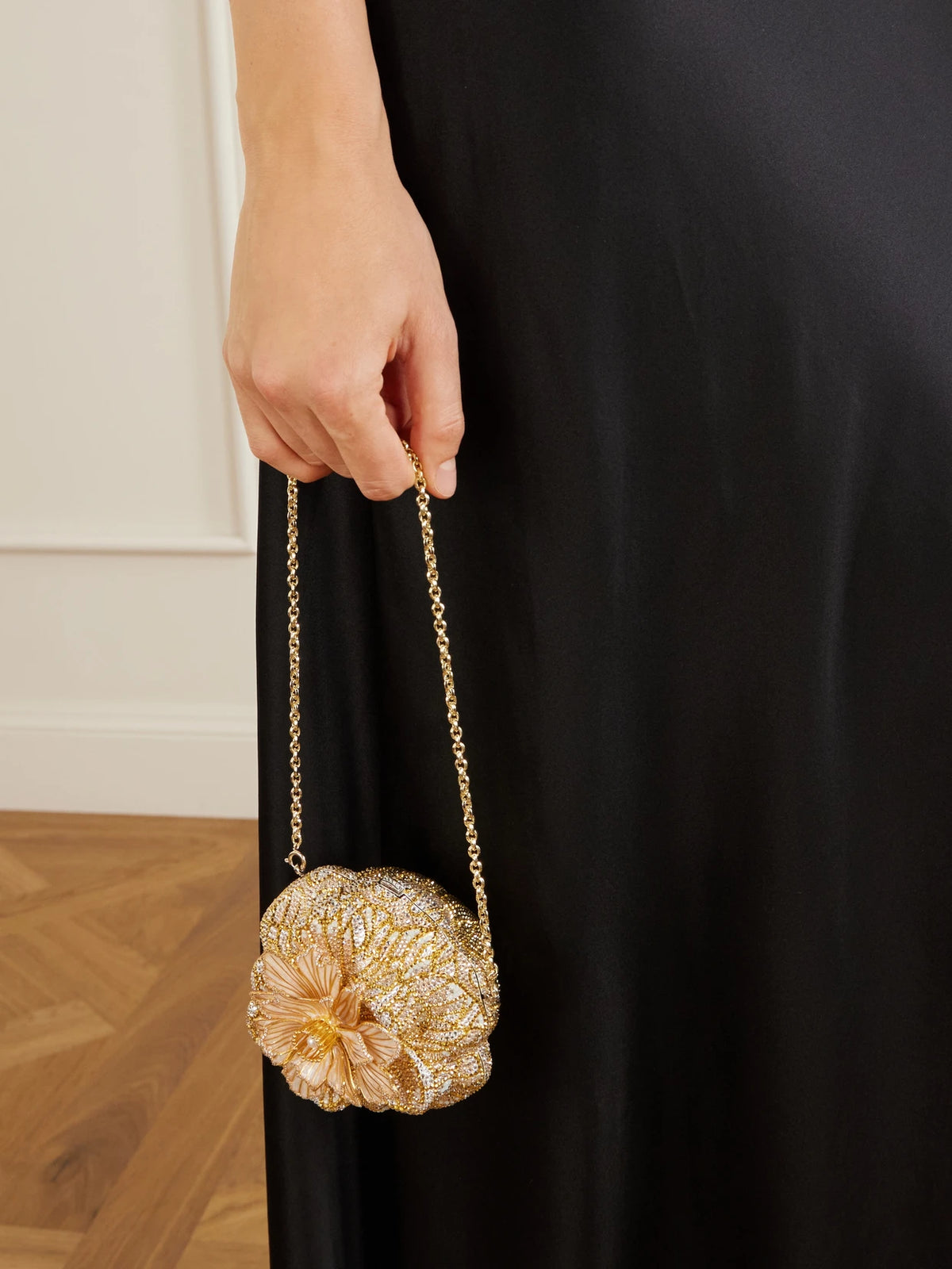 Image of Bags. Product name - Magnolia Crystal-embellished Gold-tone Clutch in Marigold colour by brand - Judith Leiber Couture