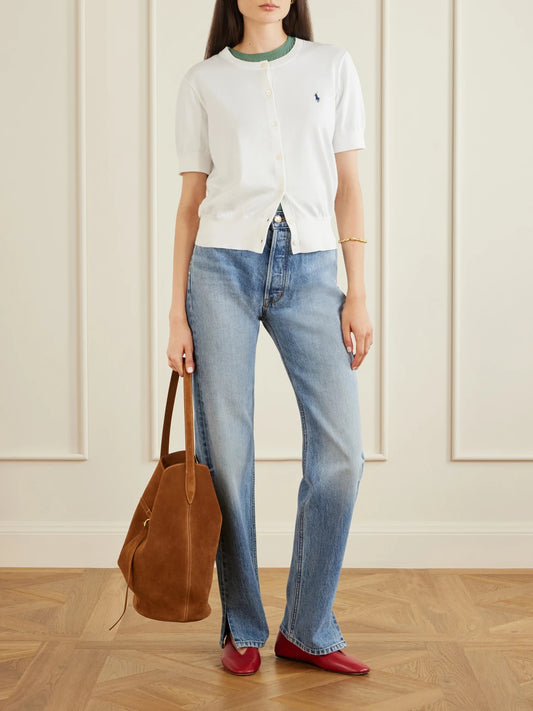 Image of a model wearing Outerwear. Product name - Logo-embroidered Cotton-blend Cardigan in White colour by brand - Polo Ralph Lauren