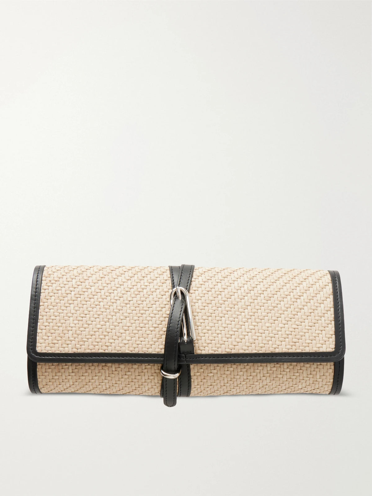 Belted Leather-trimmed Raffia Clutch