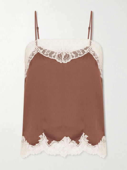 Image of a model wearing Tops. Product name - Marisol Lace-trimmed Satin Tank in Brown colour by brand - Faithfull