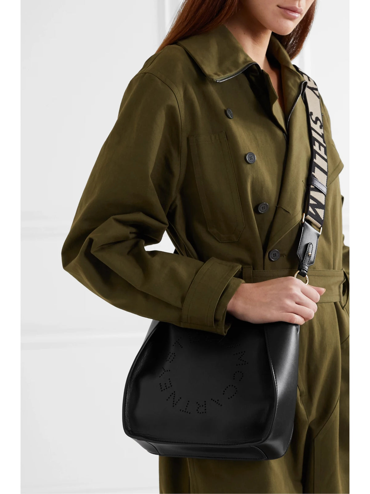 Image of Bags. Product name - Perforated Vegetarian Leather Shoulder Bag in Black colour by brand - Stella McCartney