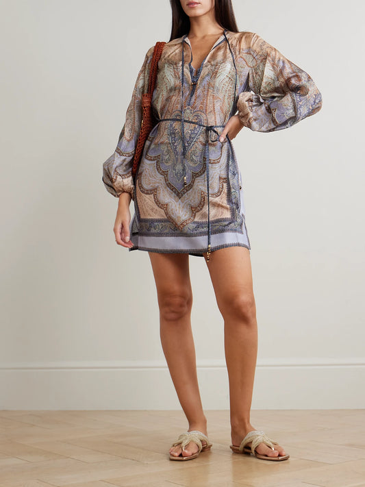Image of Dresses. Product name - Wanderlust Belted Printed Silk Tunic in Blue colour by brand - Zimmermann