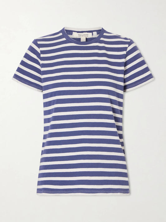 Image of a model wearing Tops. Product name - Lana Striped Cotton T-shirt in Blue colour by brand - Nili Lotan