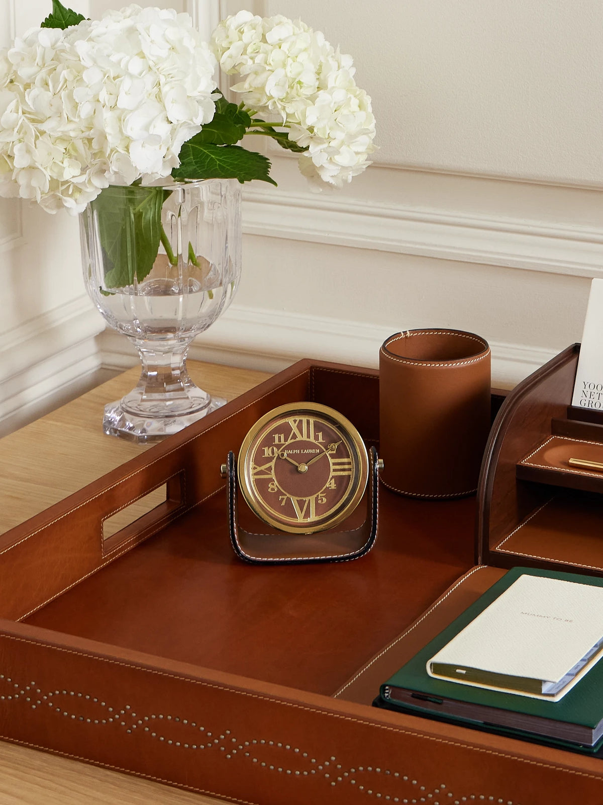 Image of Decor. Product name - + Chelsea Clock Brennan Gold-tone And Leather Clock in Brown colour by brand - Ralph Lauren Home