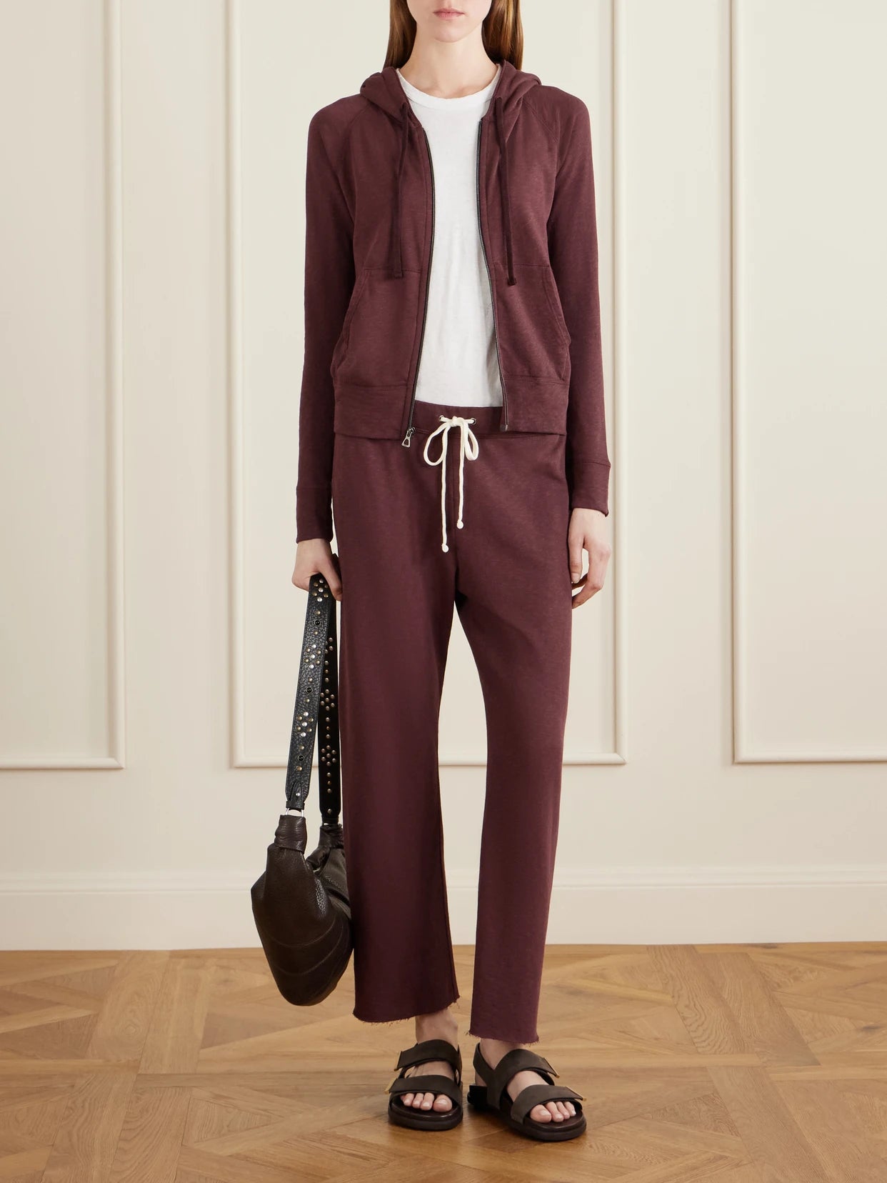 Image of Sleepwear & Loungewear. Product name - French Cotton-terry Hoodie in Burgundy colour by brand - James Perse
