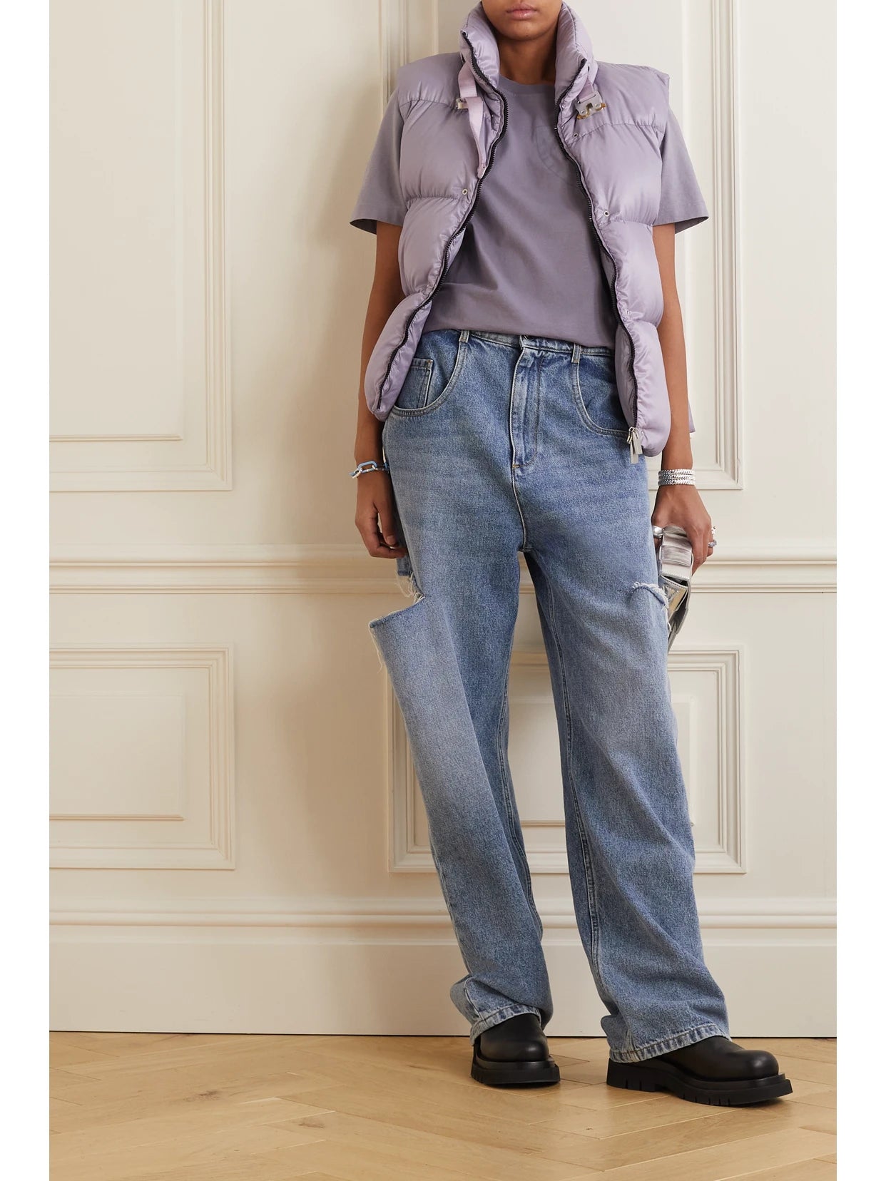 Image of a model wearing Tops. Product name - + 1017 Alyx 9sm Printed Cotton-jersey T-shirt in Lavender colour by brand - Moncler Genius