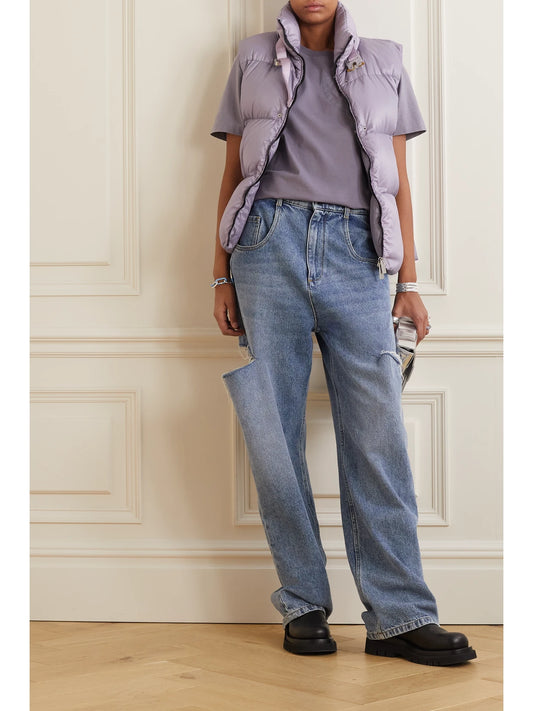 Image of a model wearing Tops. Product name - + 1017 Alyx 9sm Printed Cotton-jersey T-shirt in Lavender colour by brand - Moncler Genius