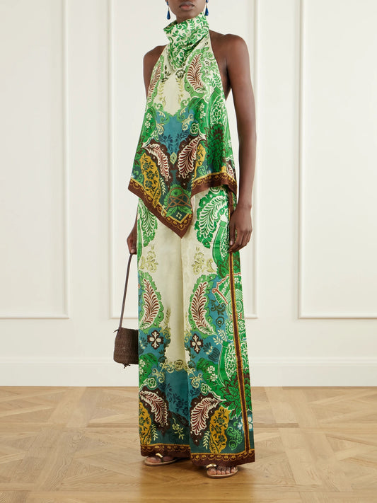 Image of Outfit Sets. Product name - Florence Drawstring Floral-print Satin-jacquard Wide-leg Pants in Green colour by brand - ALÉMAIS