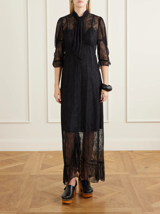 Image of Dresses. Product name - Tie-detailed Ruffled Lace Midi Dress in Black colour by brand - Anna Sui