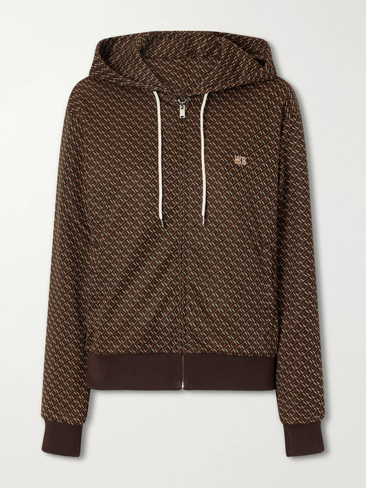 Image of Sleepwear & Loungewear. Product name - Logo-embroidered Jacquard-knit Zip-up Hoodie in Brown colour by brand - Wales Bonner