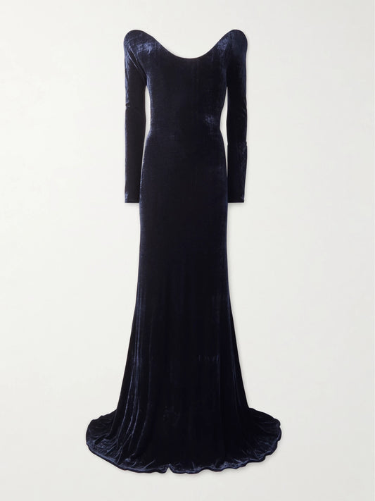 Image of Dresses. Product name - Off-the-shoulder Velvet Gown in Navy colour by brand - Alaïa