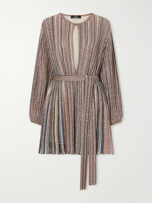 Missoni Cut-out Sequin-embellished Belted Metallic Crochet-knit Mini Dress