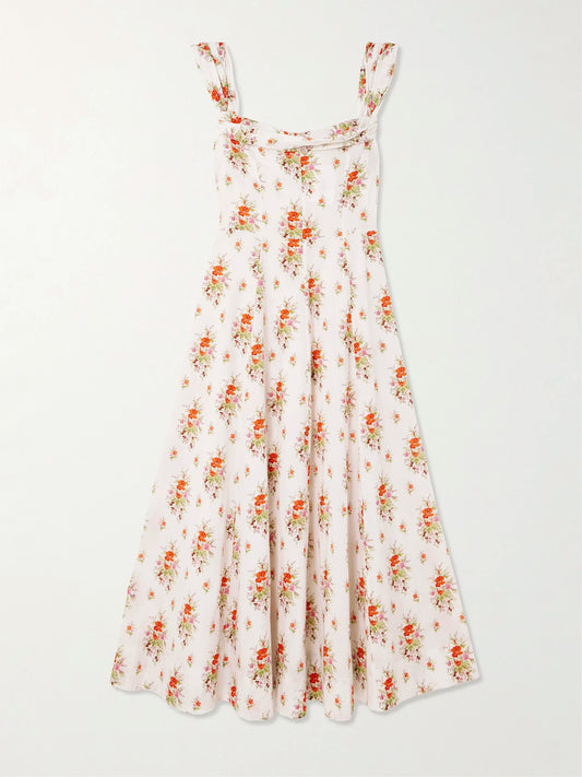 Image of Dresses. Product name - Clea Ruffled Floral-print Organic Cotton Midi Dress in Multi colour by brand - DÔEN