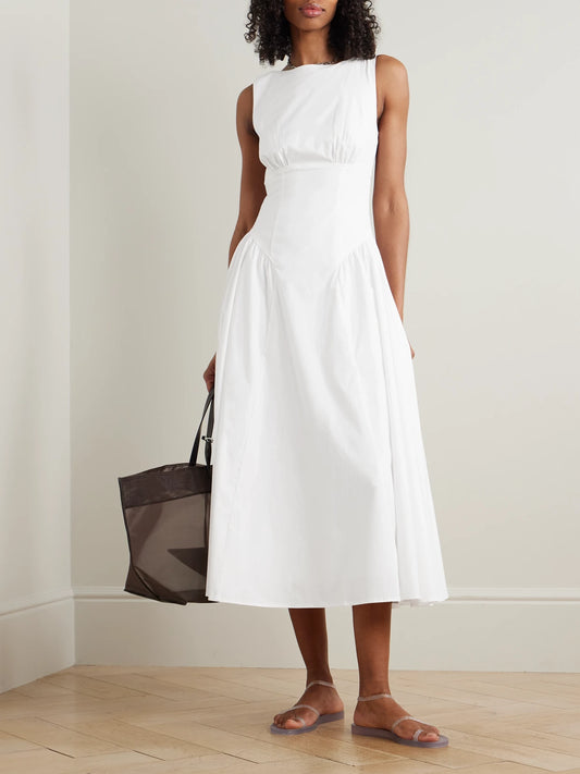 Image of Dresses. Product name - Gwen Paneled Pleated Cotton-blend Poplin Midi Dress in White colour by brand - STAUD