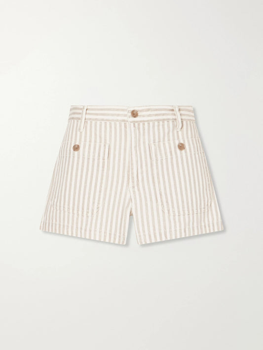 Image of a model wearing Shorts. Product name - The Cruise Striped Cotton Denim Shorts in Beige colour by brand - FRAME