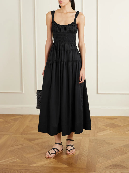 Image of Dresses. Product name - Clover Smocked Organic Cotton-poplin Midi Dress in Black colour by brand - DÔEN
