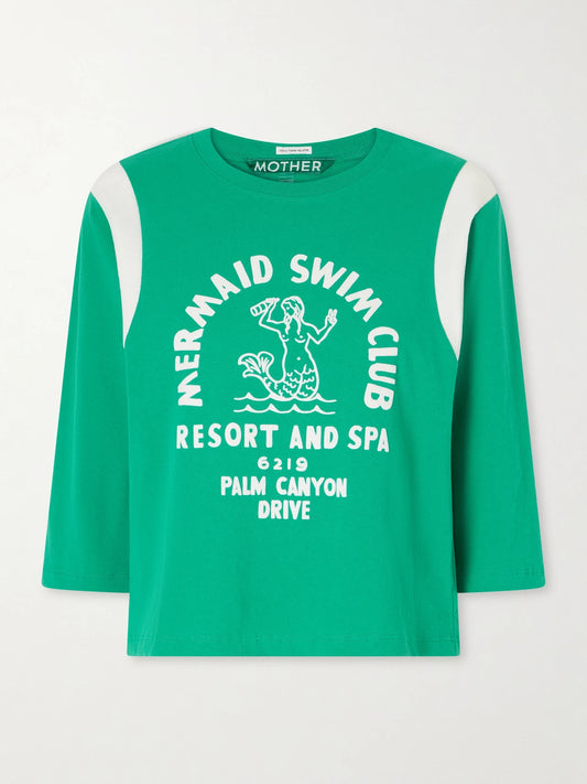 Image of a model wearing Tops. Product name - The Better Half Flocked Printed Cotton T-shirt in Green colour by brand - Mother