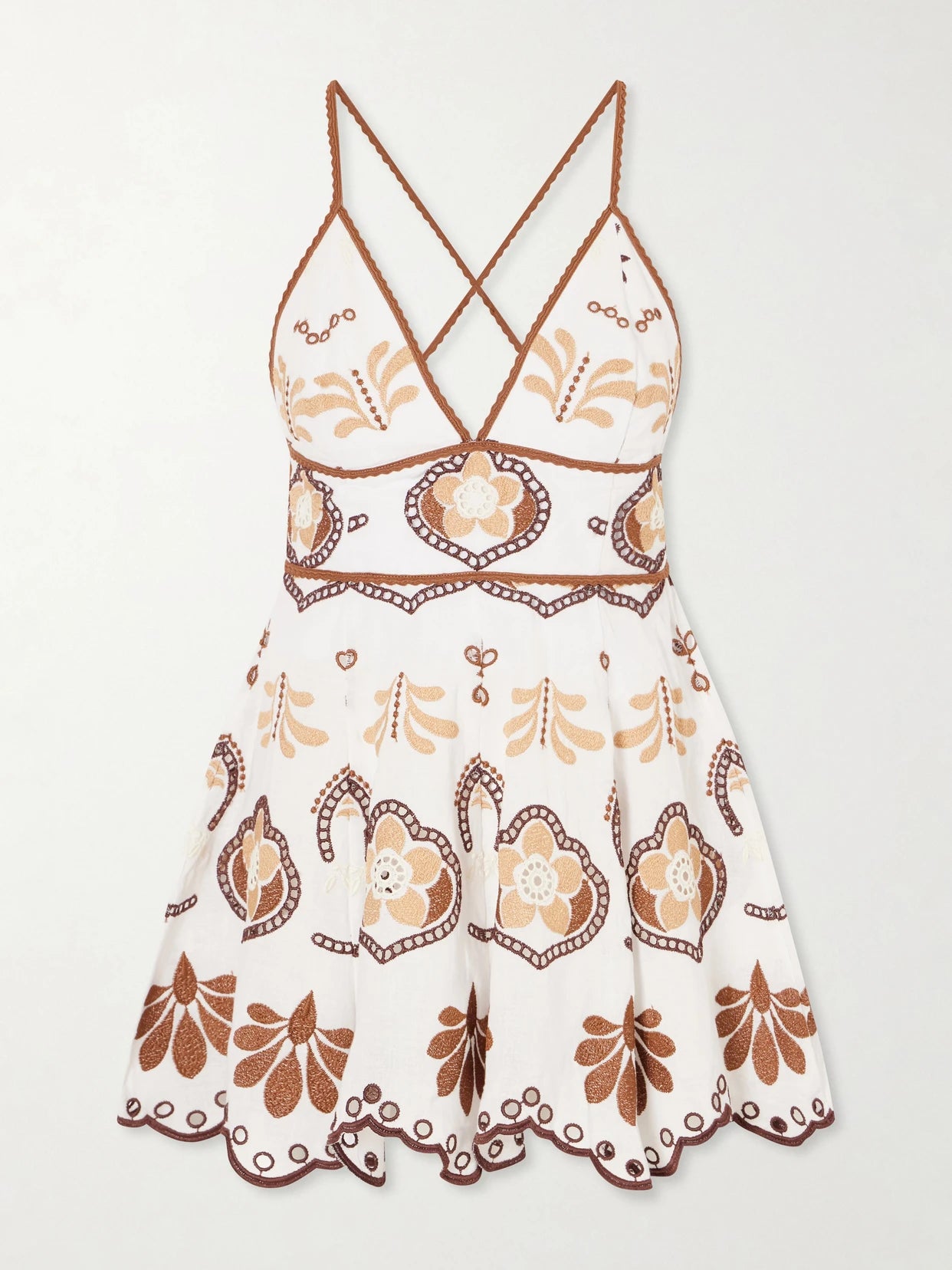 Image of Dresses. Product name - Jela Broderie Anglaise Cotton-blend Mini Dress in Brown colour by brand - Charo Ruiz